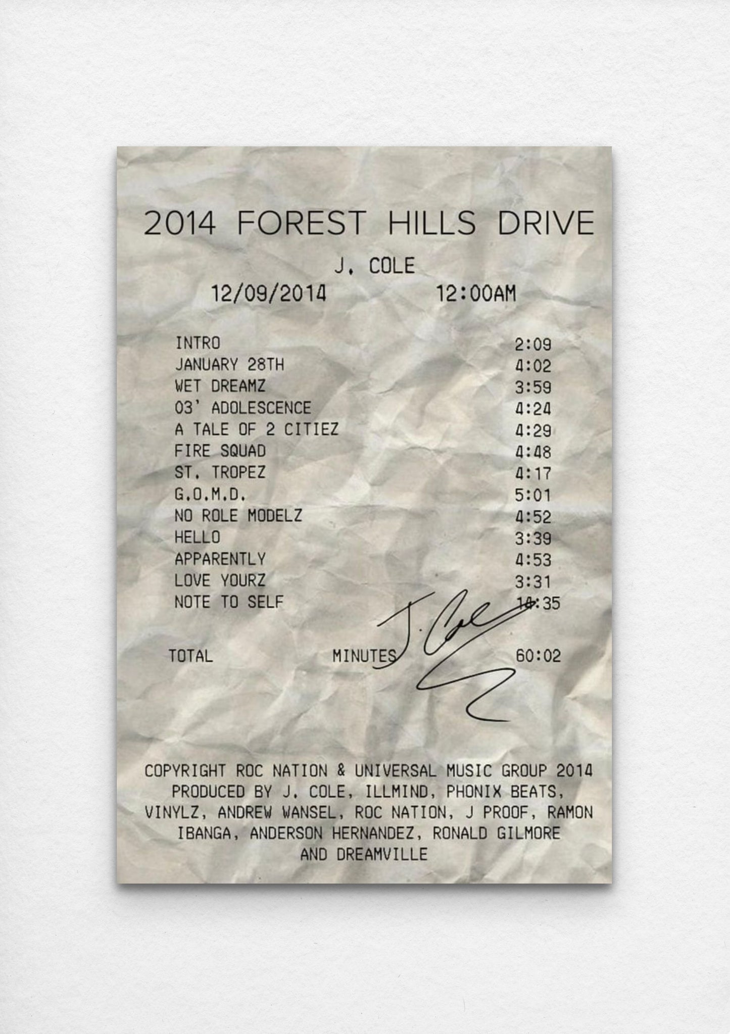 J. Cole - 2014 Forest Hills Drive Tracklist - Poster and Wrapped Canvas
